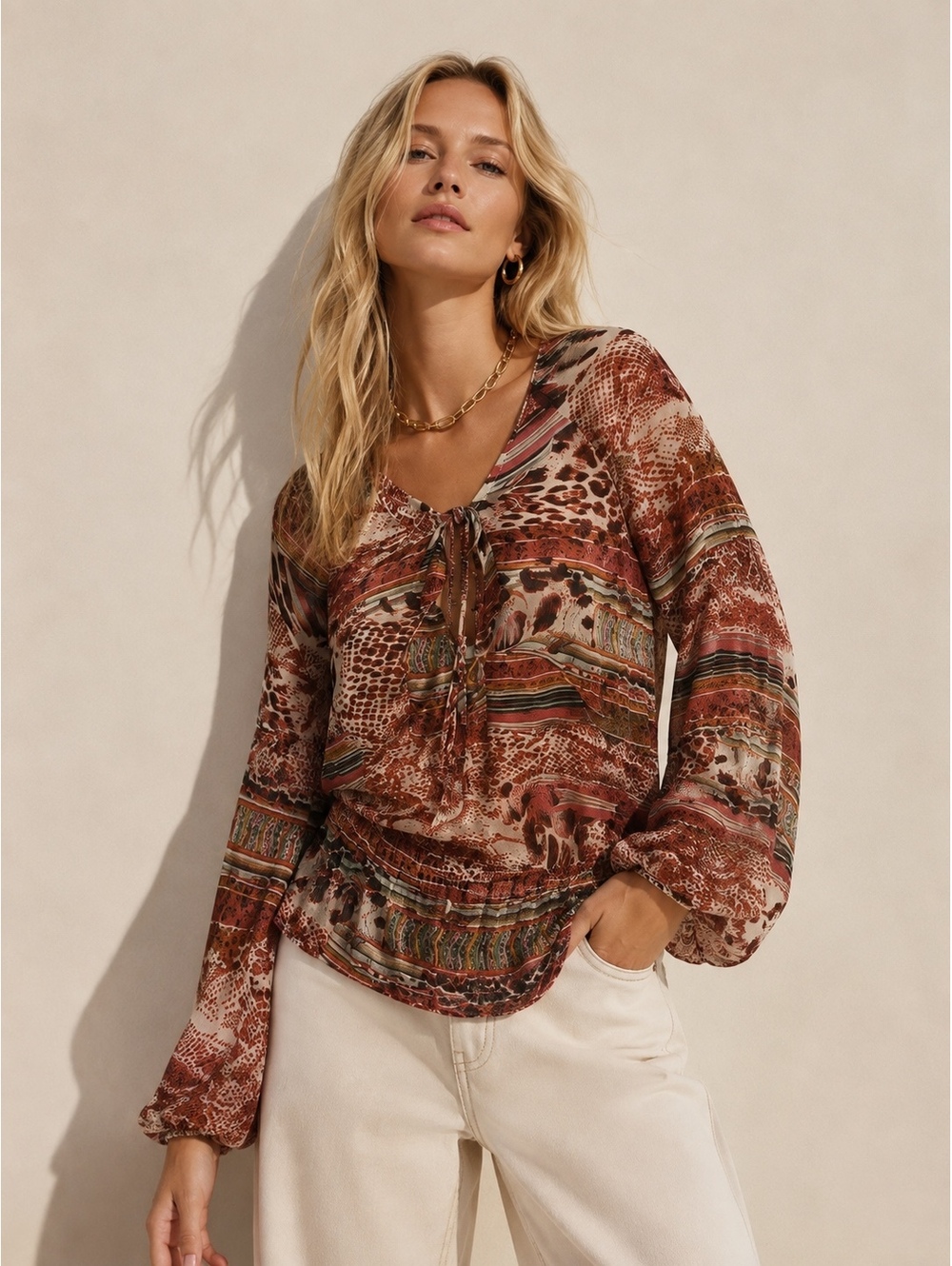 Boho Animal Print Tie Front Balloon Sleeve Blouse Y2K